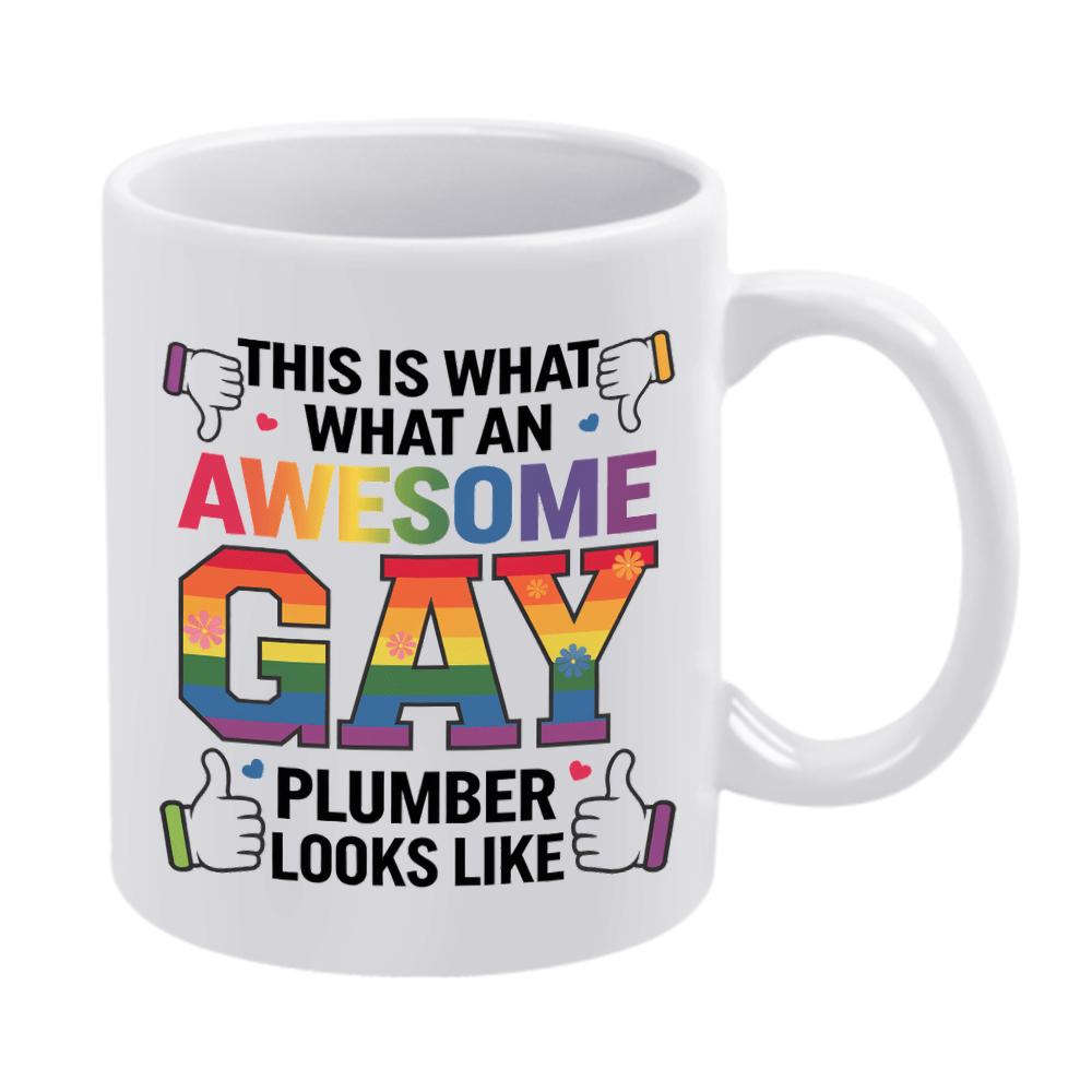 Tailorly White Ceramic 11 oz Mug - This Is What An Awesome Gay Plumber Looks Like Rainbow Colored Design Featuring Thumbs Up And Down Icons Plumber