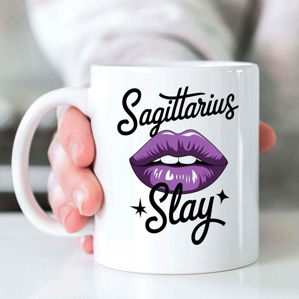 Tailorly White Ceramic 11 oz Mug - Sagittarius Slay Glossy Vibrant Purple Mouth With Shining White Teeth And Stars Lips