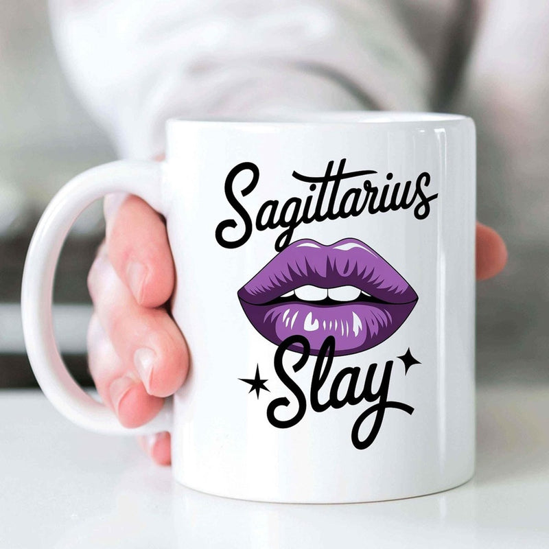 Tailorly White Ceramic 11 oz Mug - Sagittarius Slay Glossy Vibrant Purple Mouth With Shining White Teeth And Stars Lips
