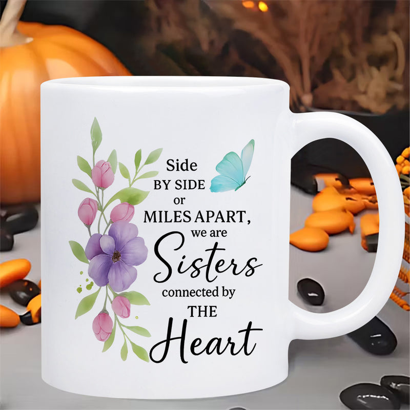 Tailorly White Ceramic 11 oz Mug - Side By Side Or Miles Apart We Are Sisters Connected By The Heart Elegant Purple Watercolor Blossoms And Blue Butterfly Amidst