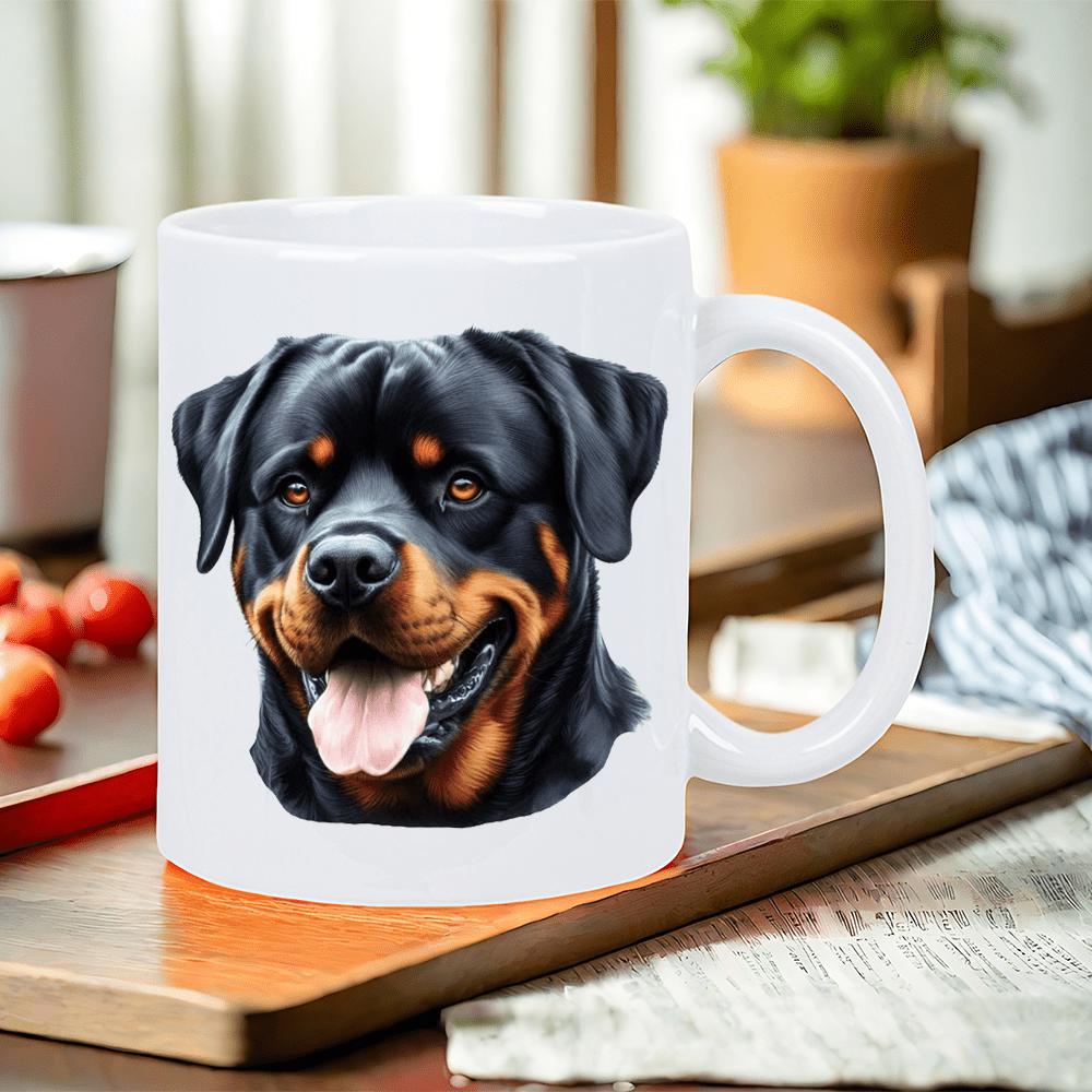 Tailorly White Ceramic 11 oz Mug - Realistic Portrait Of A Loyal Rottweiler With Friendly Expressive Face Dog