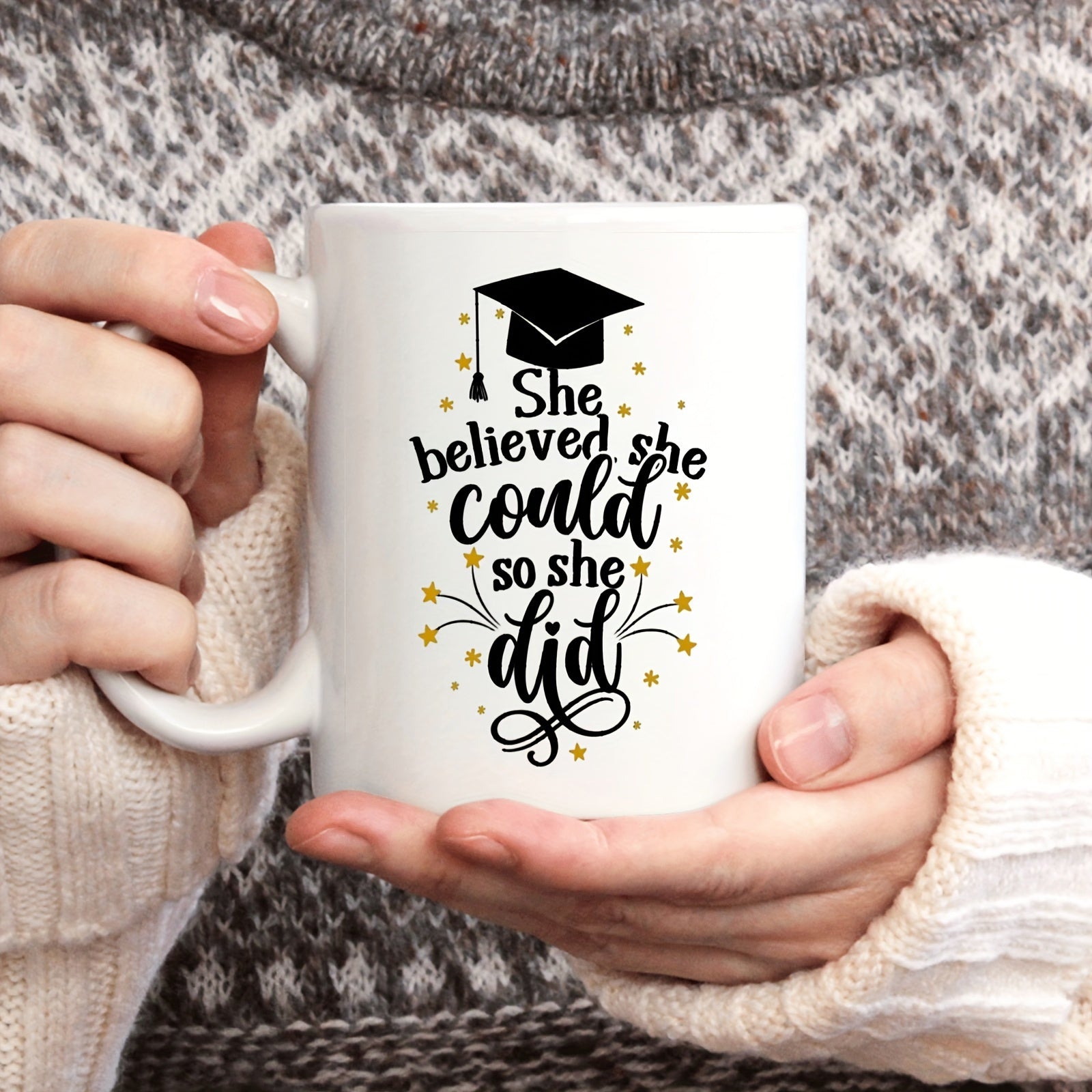 Tailorly White Ceramic 11 oz Mug - She Believed She Could So She Did Graduation Cap Surrounded By Golden Stars And Elegant Script Flourish Mortarboard