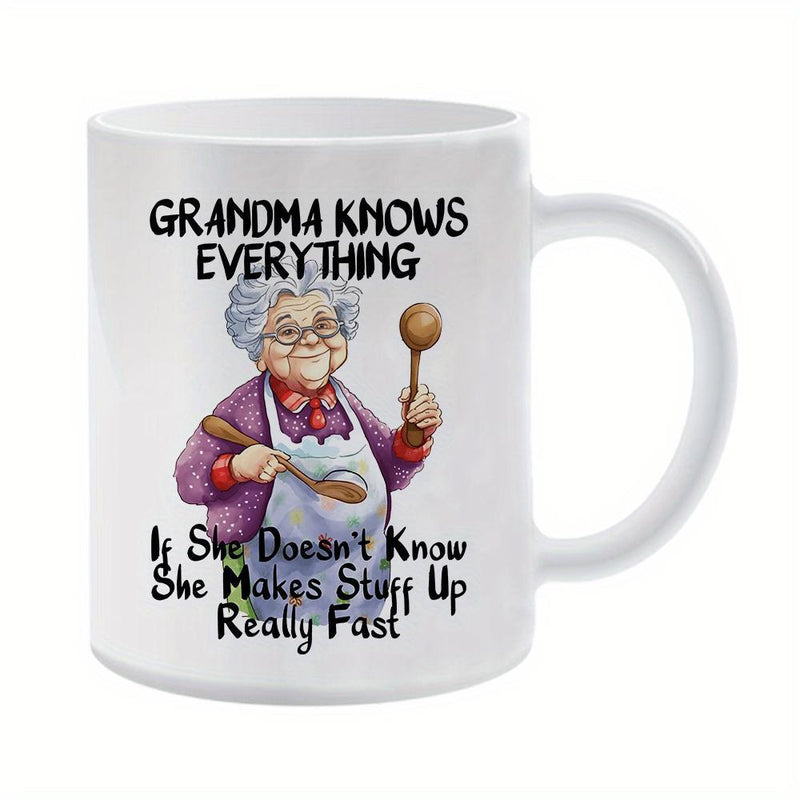 Tailorly White Ceramic 11 oz Mug - Grandma Knows Everything If She Doesnt Know She Makes Stuff Up Really Fast Classic Elderly Lady Wearing Apron Holding Wooden