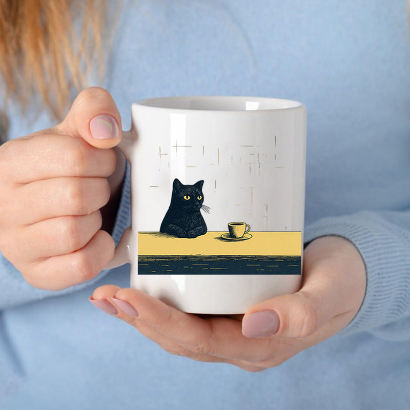 Tailorly White Ceramic 11 oz Mug - Minimalist Silhouette Sitting Patiently At Yellow Table With Coffee Cat