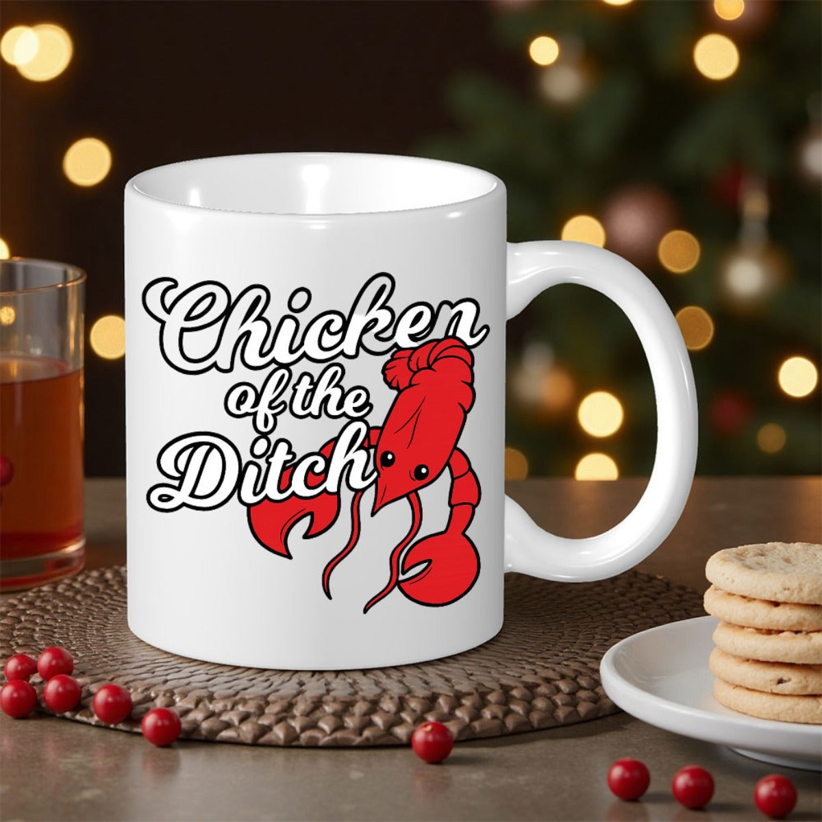Tailorly White Ceramic 11 oz Mug - Chicken Of The Ditch Vibrant Red Cartoon Crawfish With Cute Eyes And Large Claws Among Text Crawfish