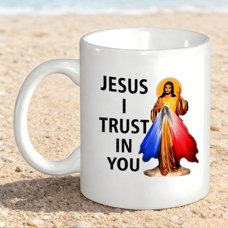 Tailorly White Ceramic 11 oz Mug - Jesus I Trust In You Sacred Figure With Red And Blue Rays Emanating From Divine Grace Jesus