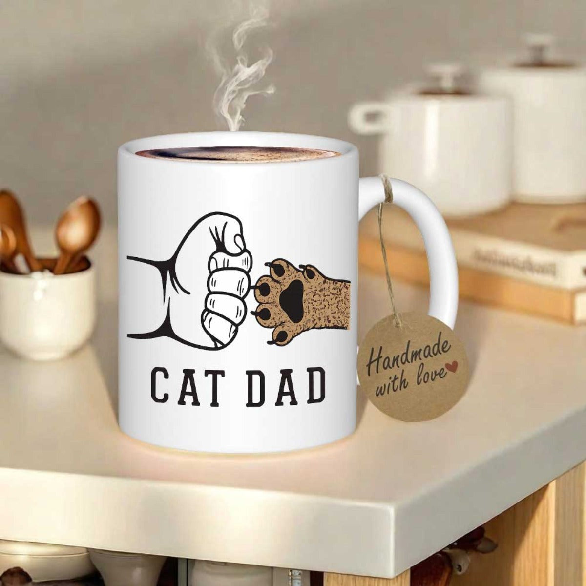 Tailorly White Ceramic 11 oz Mug - Cat Dad Human Hand And Feline Paw Meeting In A Gentle Fist Bump Paw