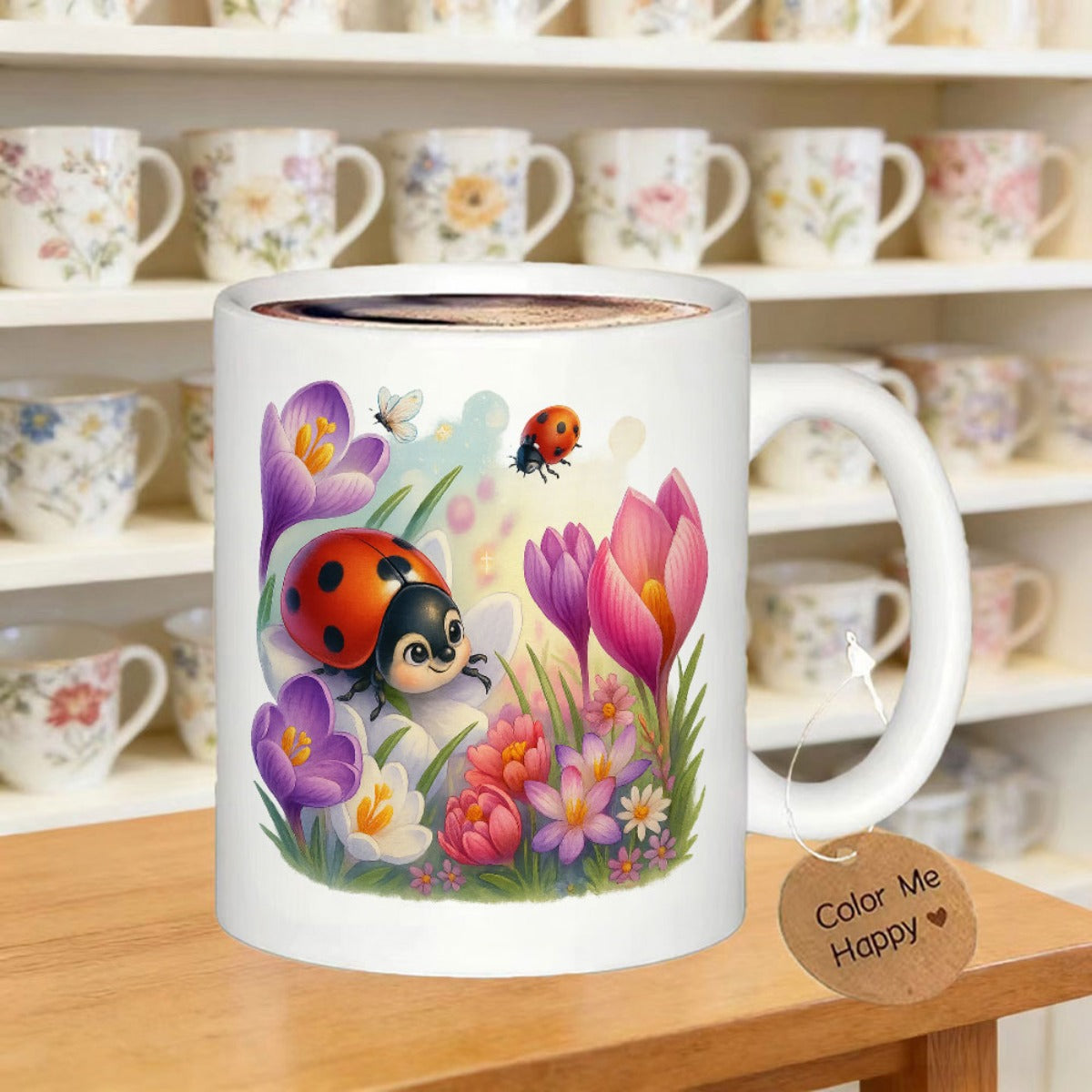 Tailorly White Ceramic 11 oz Mug - Color Me Happy Vibrant Spring Garden With Blooming Purple Flowers And Cute Spotted Ladybug