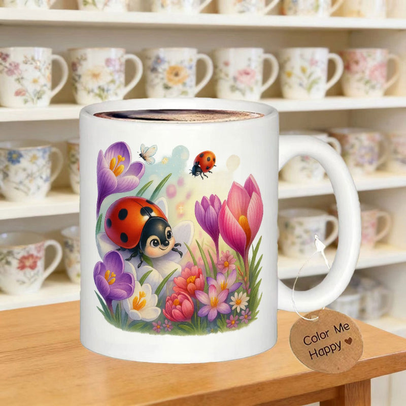 Tailorly White Ceramic 11 oz Mug - Color Me Happy Vibrant Spring Garden With Blooming Purple Flowers And Cute Spotted Ladybug