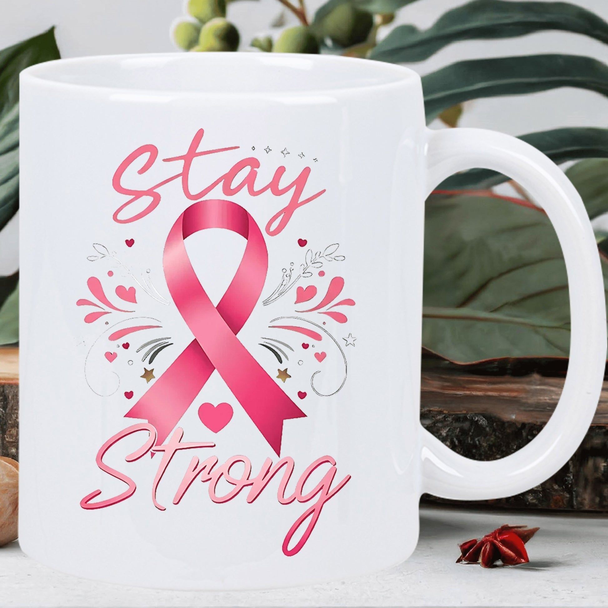 Tailorly White Ceramic 11 oz Mug - Stay Strong Elegant Pink Ribbon Decorated With Floating Hearts And Artistic Floral Swirls Ribbon