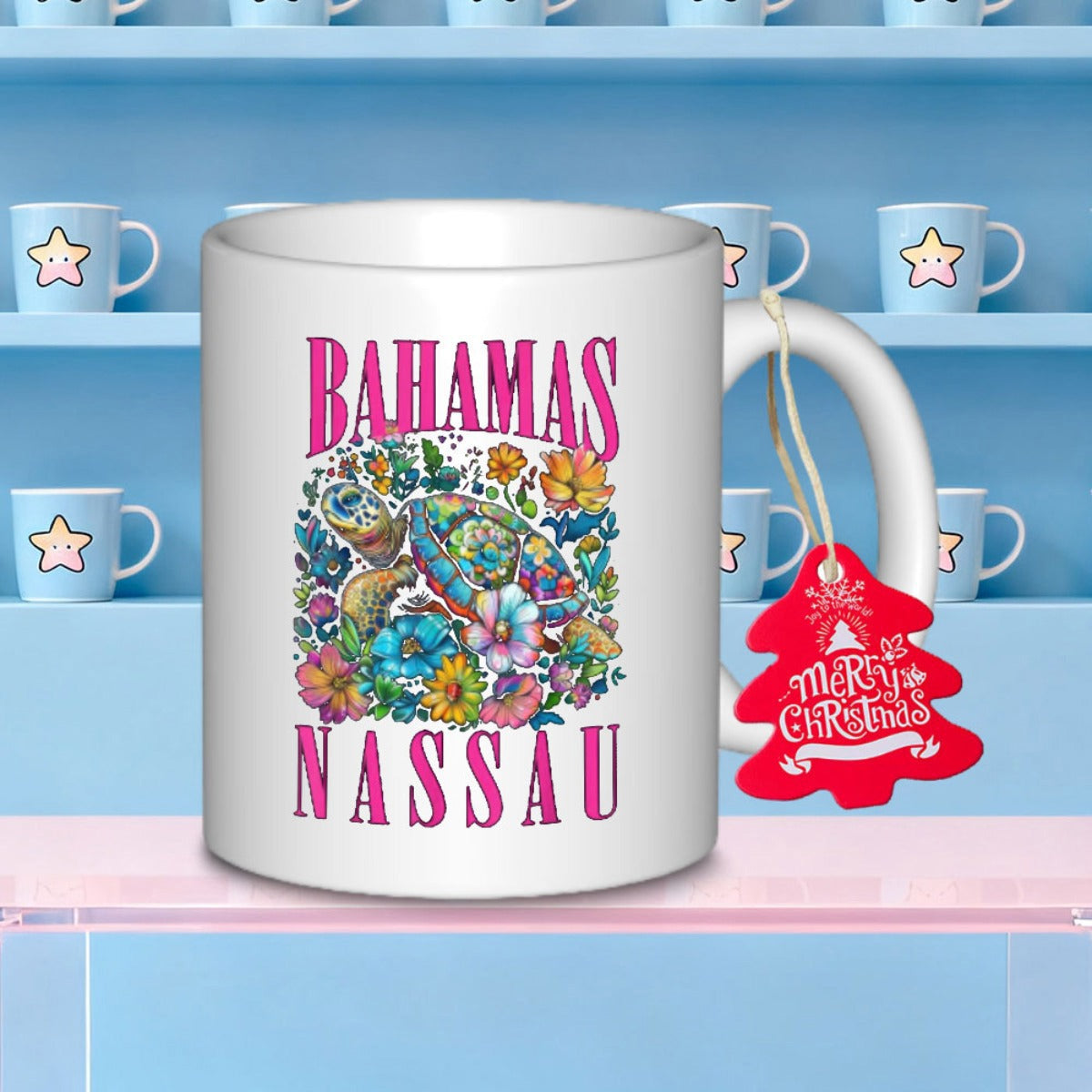 Tailorly White Ceramic 11 oz Mug - Bahamas Nassau Vibrantly Colored Tropical Blossoms Surrounding A Map Within A Lush Paradise Island
