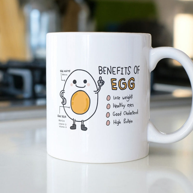 Tailorly White Ceramic 11 oz Mug - Benefits Of Egg Lose Weight Healthy Eyes Good Cholesterol High Protein Happy Cartoon Boiled Figure Showcasing Nutritional Health