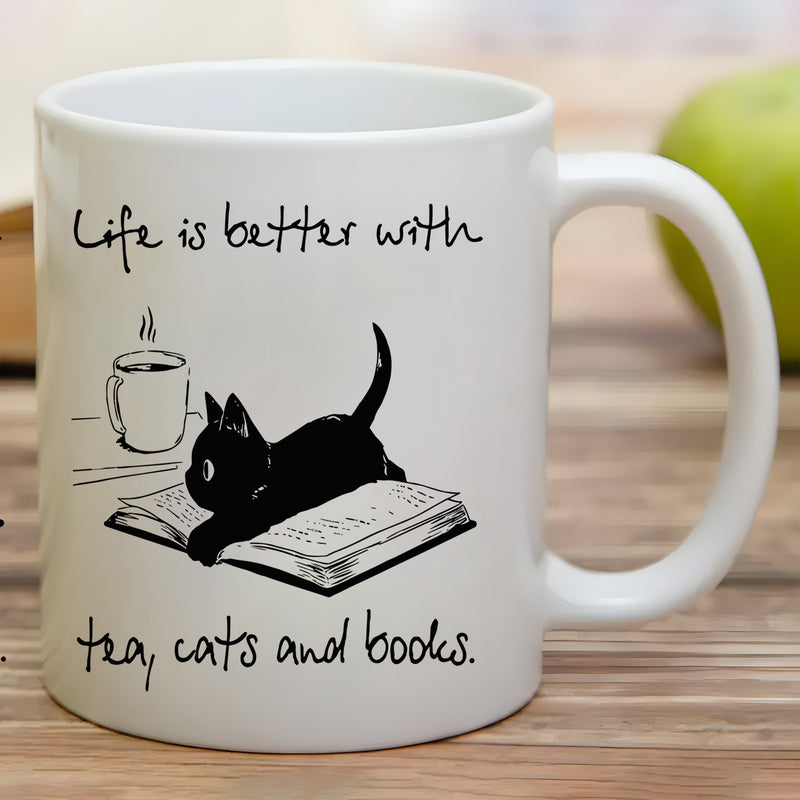 Tailorly White Ceramic 11 oz Mug - Life Is Better With Tea Cats And Books Minimalist Hand Drawn Black Feline Relaxing On Open Book Cat