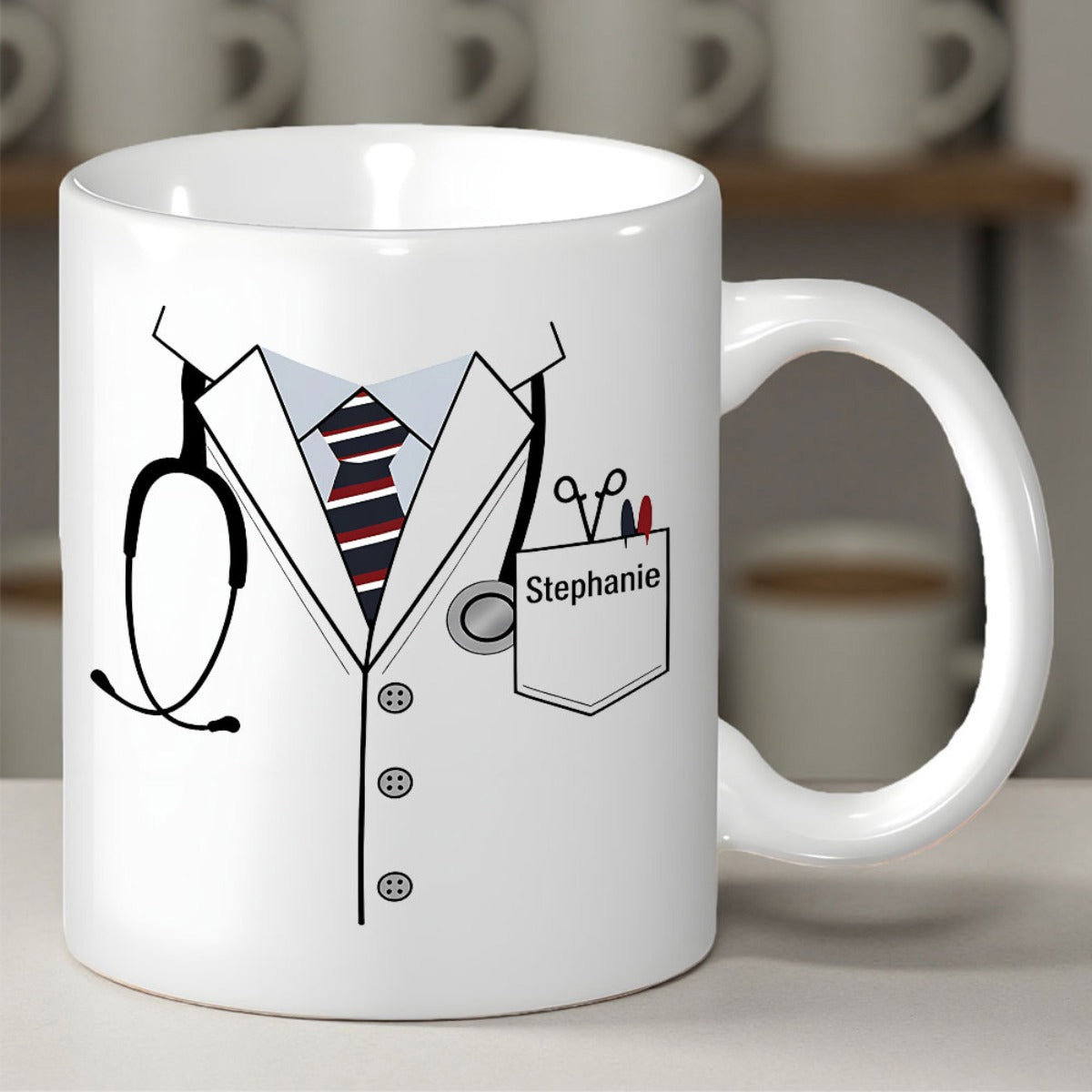 Tailorly White Ceramic 11 oz Mug - Stephanie Professional White Lab Coat With Stethoscope And Striped Tie Uniform