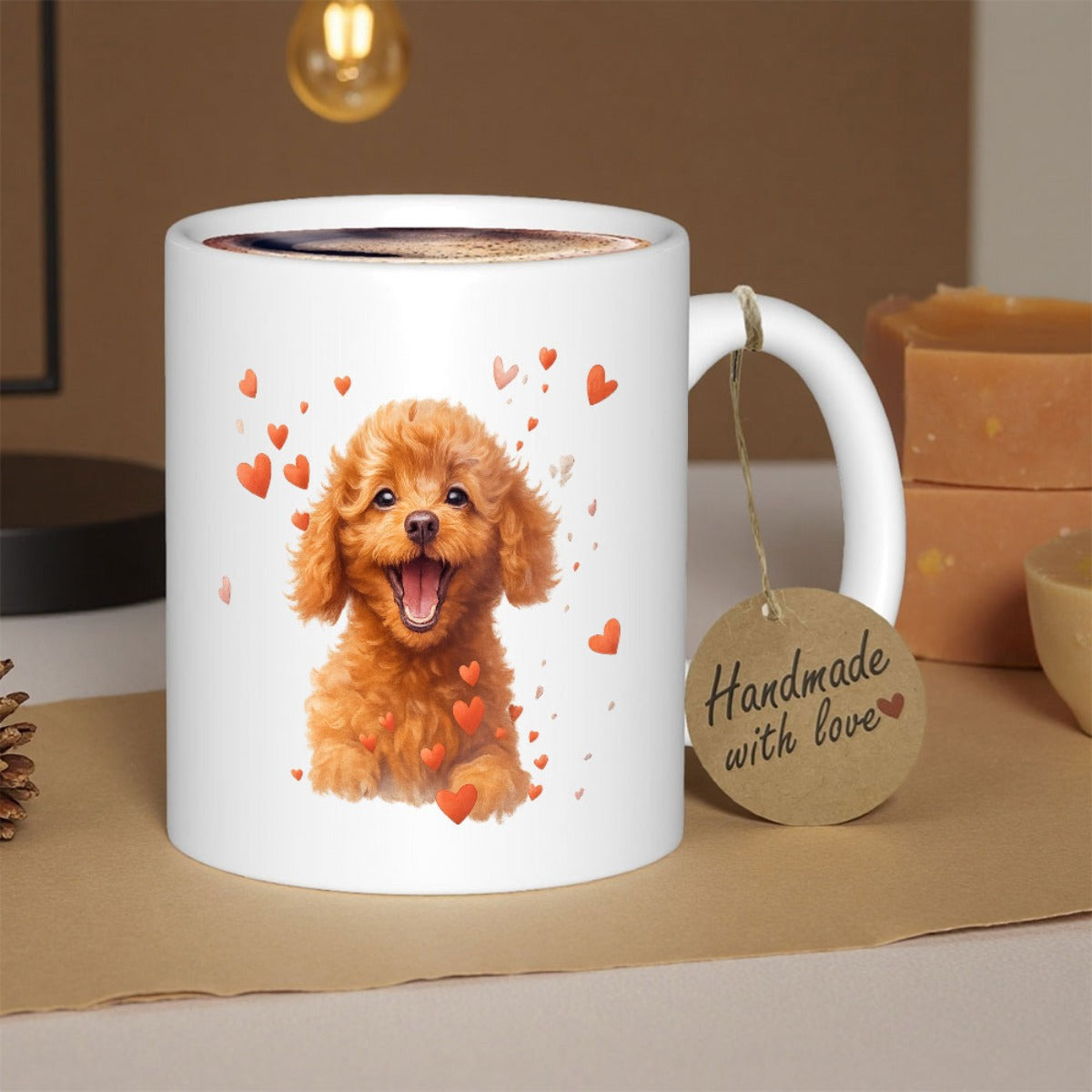 Tailorly White Ceramic 11 oz Mug - Handmade With Love Adorable Fluffy Smiling Brown Puppy Surrounded By Radiant Red Floating Hearts Poodle