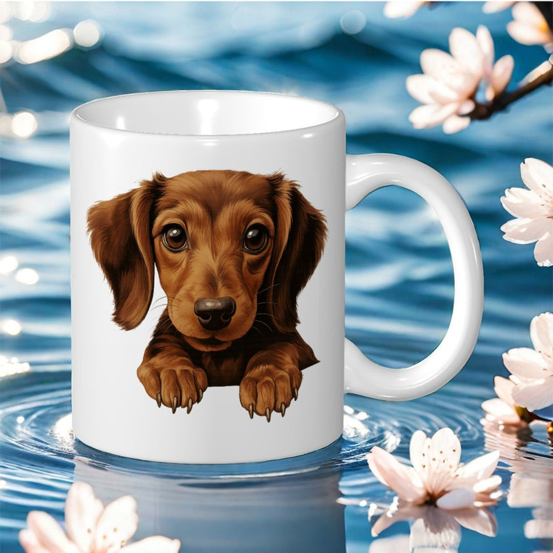 Tailorly White Ceramic 11 oz Mug - Adorable Brown Furry Puppy Peering Forward With Big Innocent Eyes Dachshund