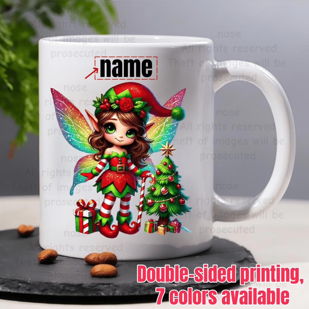 Tailorly White Ceramic 11 oz Mug - Name Festive Christmas Elf With Rainbow Wings Next To A Small Tree Fairy