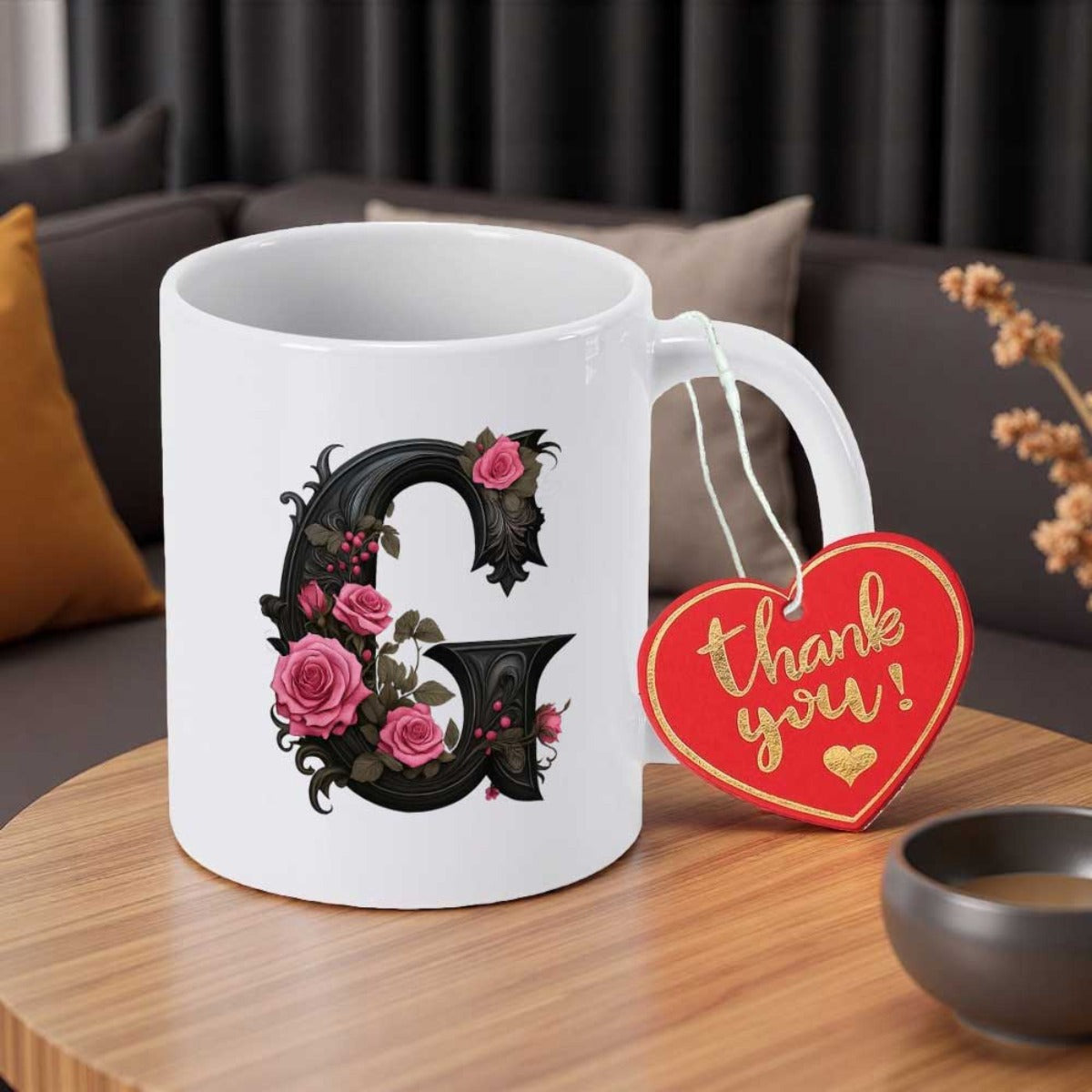 Tailorly White Ceramic 11 oz Mug - G Thank You Ornate Black Letter Intertwined With Delicate Pink Roses And Green Leaves Letter G