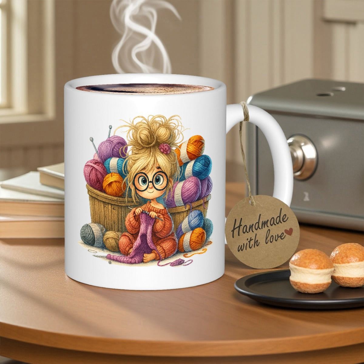 Tailorly White Ceramic 11 oz Mug - Handmade With Love Cute Girl With Glasses Knitting Beside Vibrant Yarn Basket Girl