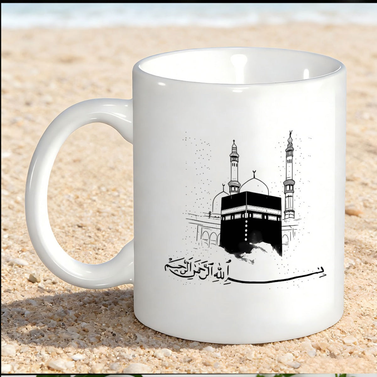 Tailorly White Ceramic 11 oz Mug - Minimalist Religious Architecture Line Art Style With Towering Mosque Minarets Kaaba
