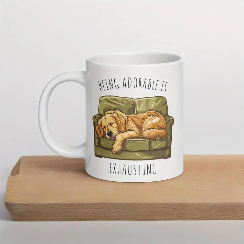 Tailorly White Ceramic 11 oz Mug - Being Adorable Is Exhausting Golden Retriever Resting Peacefully On A Cozy Soft Green Cushion Armchair Dog