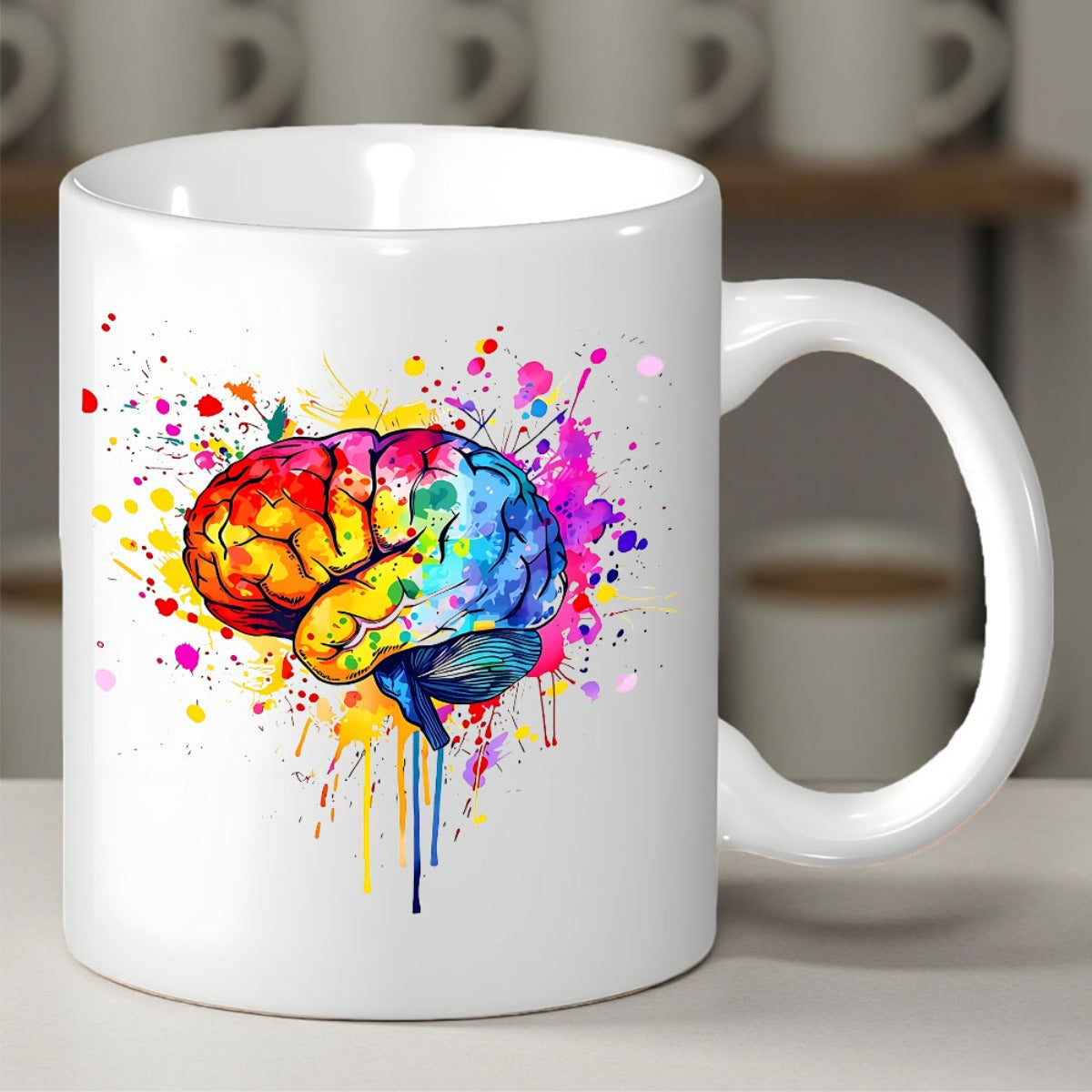 Tailorly White Ceramic 11 oz Mug - Colorful Abstract Watercolor Splash Featuring Creative Human Thinking Mind Brain