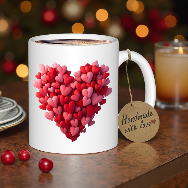 Tailorly White Ceramic 11 oz Mug - Handmade With Love Numerous Small Pink And Red Hearts Forming A Large Romantic Vibrant Heart