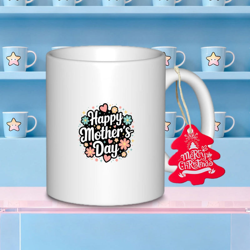 Tailorly White Ceramic 11 oz Mug - Happy Mother's Day Blooming Flowers And Gentle Hearts Floating Around Warm Festive Greetings Flower