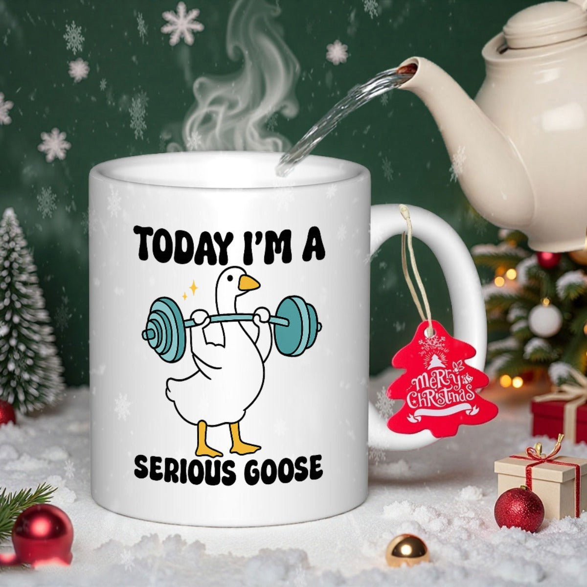 Tailorly White Ceramic 11 oz Mug - Today I'm A Serious Goose Strong White Bird Lifting Heavy Blue Barbell Weights In Comic Style Goose