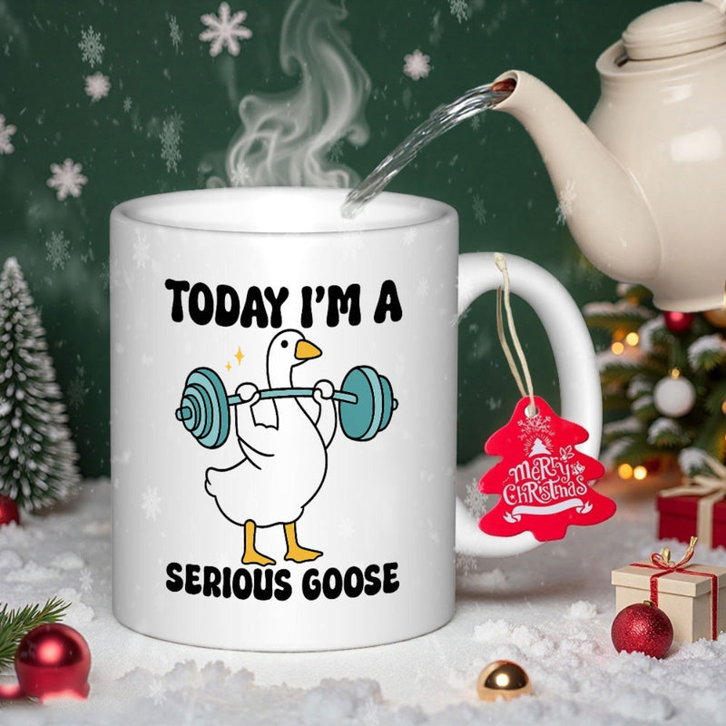 Tailorly White Ceramic 11 oz Mug - Today I'm A Serious Goose Strong White Bird Lifting Heavy Blue Barbell Weights In Comic Style Goose