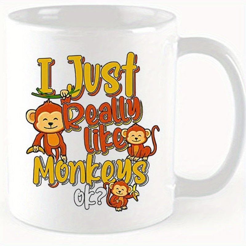 Tailorly White Ceramic 11 oz Mug - I Just Really Like Monkeys Ok Three Happy Cartoonish Primates Hanging From Vines With Colorful Bubbled Letters Monkey