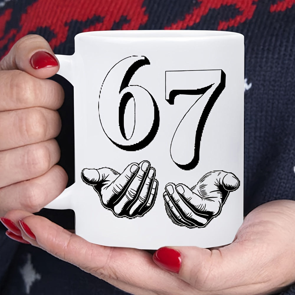 Tailorly White Ceramic 11 oz Mug - 67 Detailed Cupped Hands Reaching Upward Towards Large Bold Floating Number
