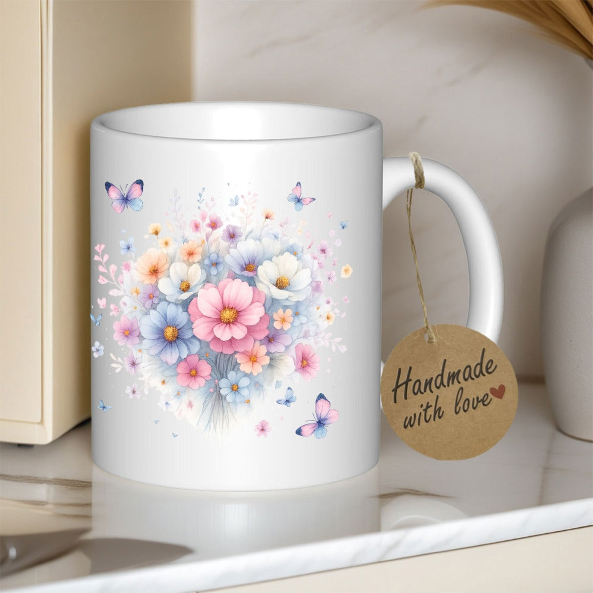 Tailorly White Ceramic 11 oz Mug - Pastel Watercolor Heart Shaped Bouquet With Colorful Butterflies Floating Around Flower