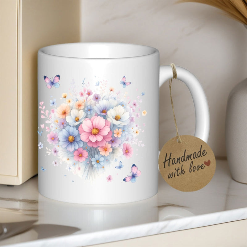 Tailorly White Ceramic 11 oz Mug - Pastel Watercolor Heart Shaped Bouquet With Colorful Butterflies Floating Around Flower
