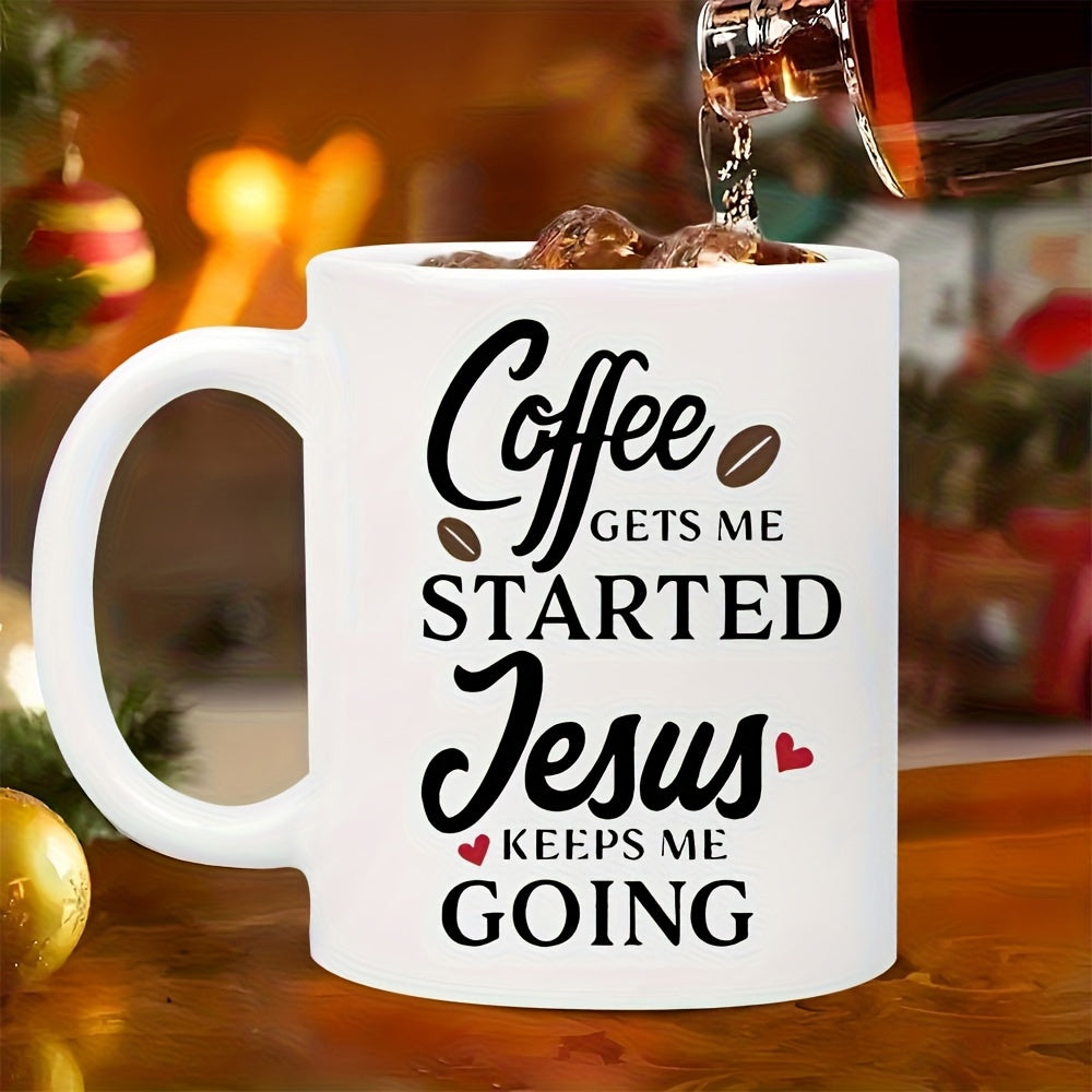 Tailorly White Ceramic 11 oz Mug - Coffee Gets Me Started Jesus Keeps Me Going Elegant Script Lettering Featuring Small Coffee Beans And Red Hearts Sign