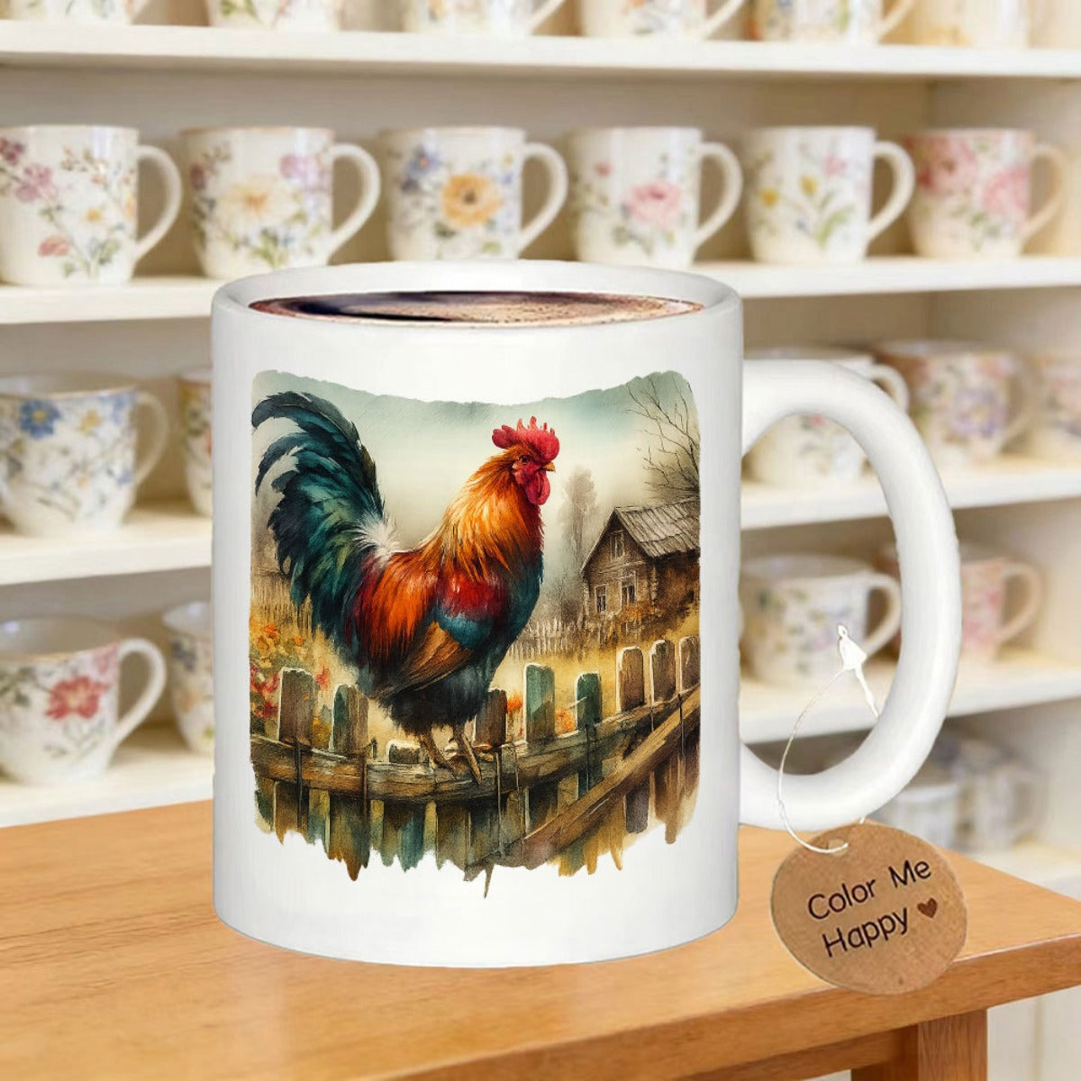 Tailorly White Ceramic 11 oz Mug - Color Me Happy Vibrant Watercolor Farm Scene With Colorful Rooster On Rustic Fence Rooster