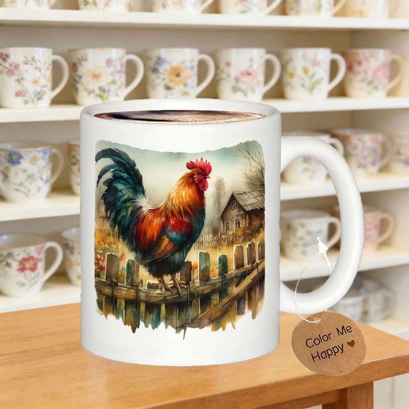 Tailorly White Ceramic 11 oz Mug - Color Me Happy Vibrant Watercolor Farm Scene With Colorful Rooster On Rustic Fence Rooster