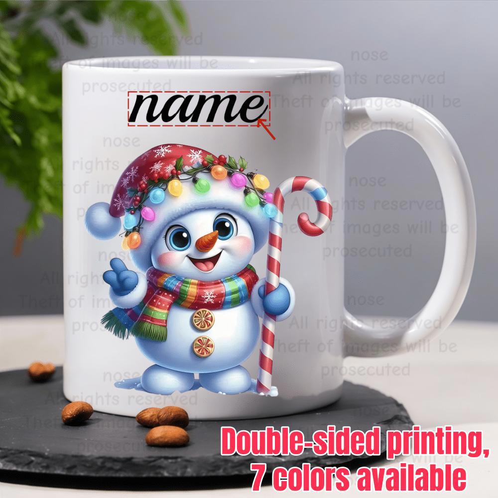 Tailorly White Ceramic 11 oz Mug - Name Adorable Festive Winter Scene With Scarf And Candy Cane Holding Joyful Snowman