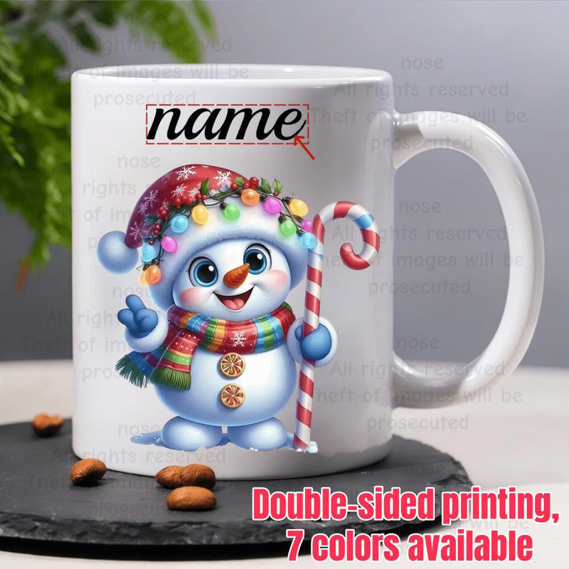 Tailorly White Ceramic 11 oz Mug - Name Adorable Festive Winter Scene With Scarf And Candy Cane Holding Joyful Snowman