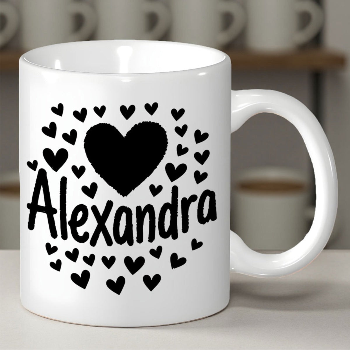 Tailorly White Ceramic 11 oz Mug - Alexandra Solid Black Hearts Arranged In A Circular Pattern Around The Center Heart
