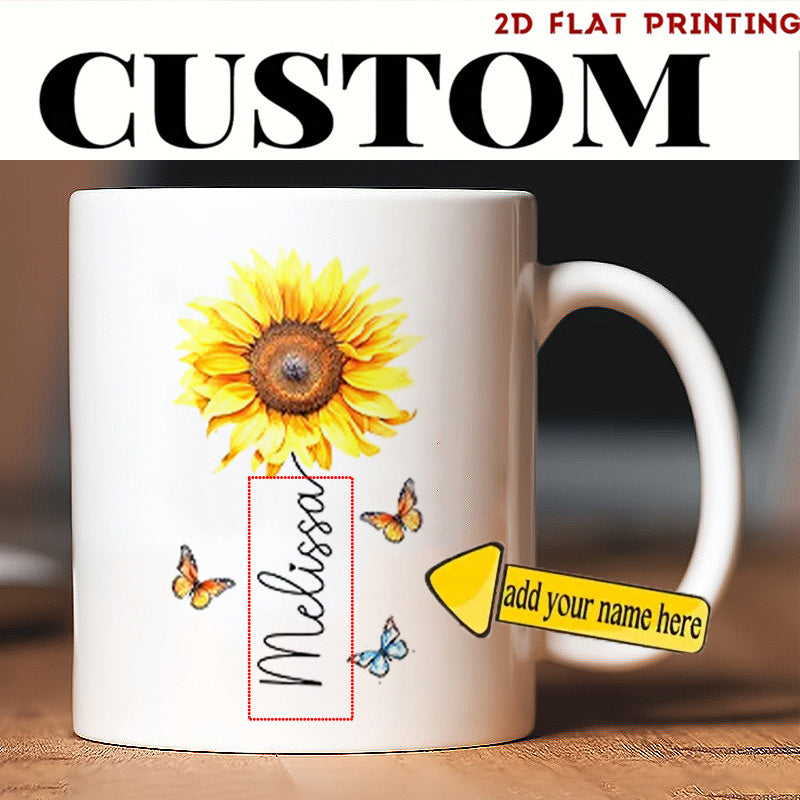 Tailorly White Ceramic 11 oz Mug - Melissa Vibrant Yellow Petals Surrounded By Delicate Colorful Fluttering Tiny Butterflies Sunflower