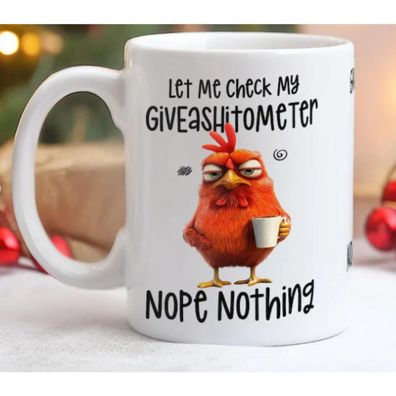 Tailorly White Ceramic 11 oz Mug - Let Me Check My Giveashitometer Nope Nothing Grumpy Orange Cartoon Bird Holding Small White Cup With Angry Expression Chicken