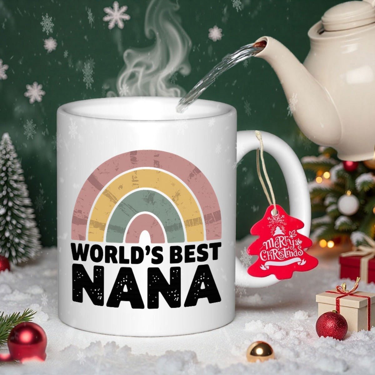 Tailorly White Ceramic 11 oz Mug - World's Best Nana Faded Retro Boho Rainbow Over A Plain White Minimalist Ceramic Mug