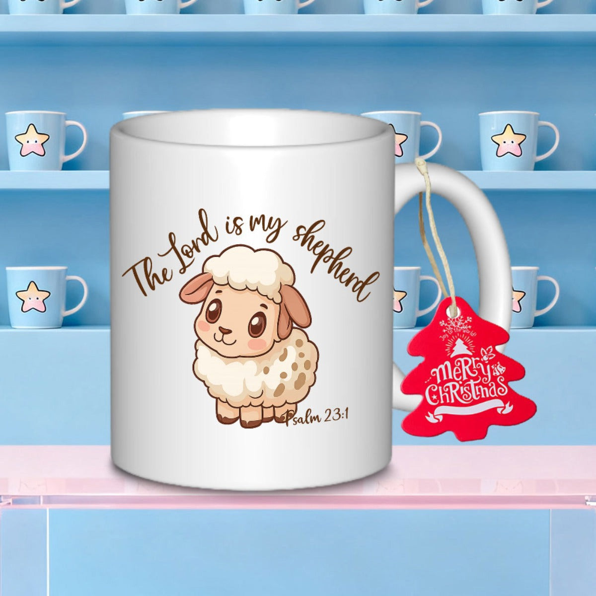 Tailorly White Ceramic 11 oz Mug - The Lord Is My Shepherd Psalm 23 1 Hand Drawn Style Fluffy White Lamb Standing Peacefully Within Soft Light Lamb