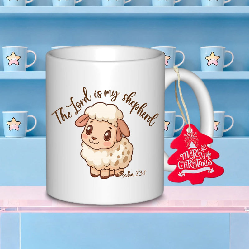 Tailorly White Ceramic 11 oz Mug - The Lord Is My Shepherd Psalm 23 1 Hand Drawn Style Fluffy White Lamb Standing Peacefully Within Soft Light Lamb