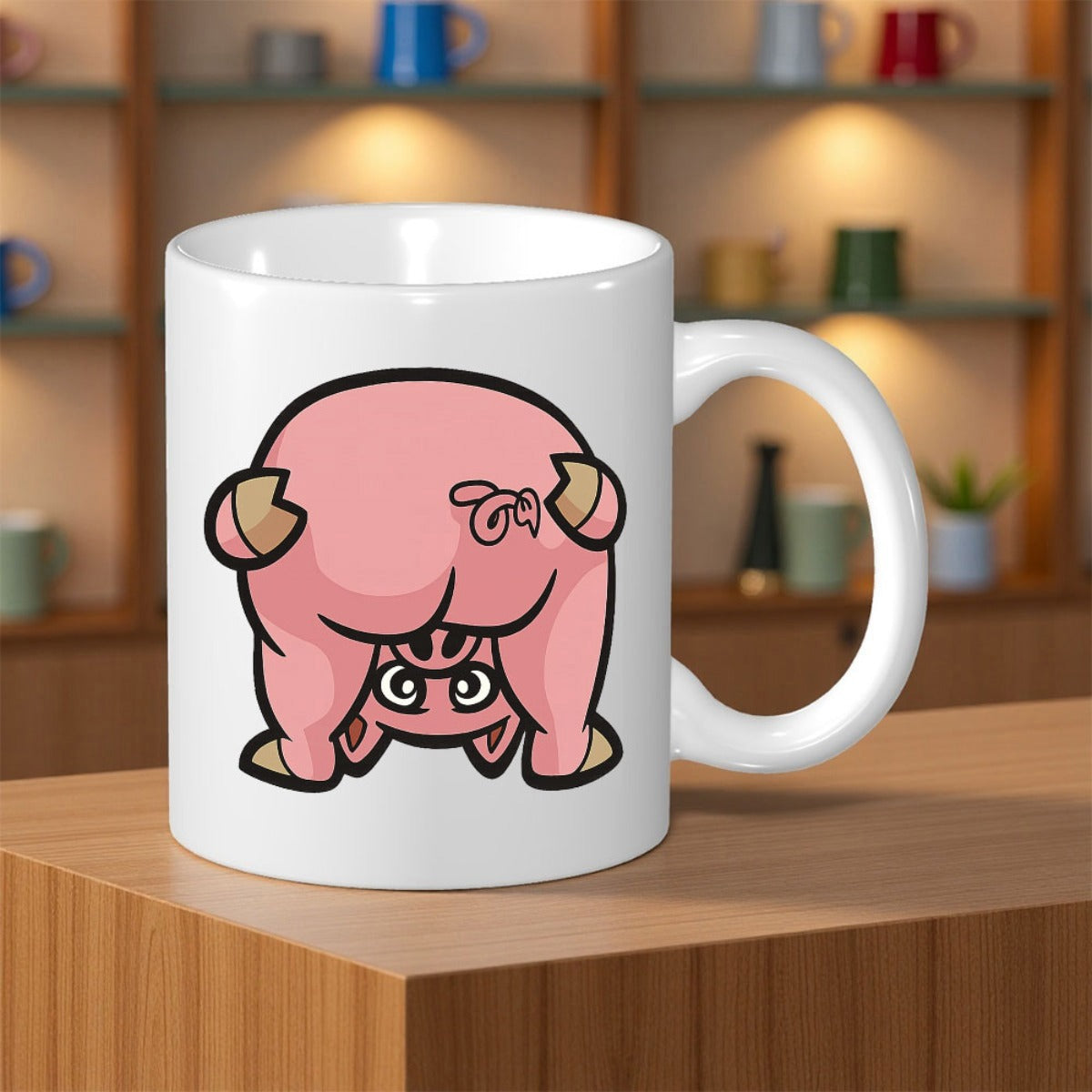 Tailorly White Ceramic 11 oz Mug - Funny Pink Cartoon Animal Looking Through Legs With Curly Tail Pig