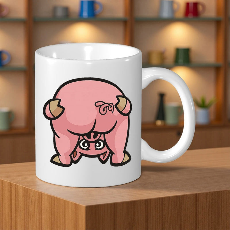 Tailorly White Ceramic 11 oz Mug - Funny Pink Cartoon Animal Looking Through Legs With Curly Tail Pig