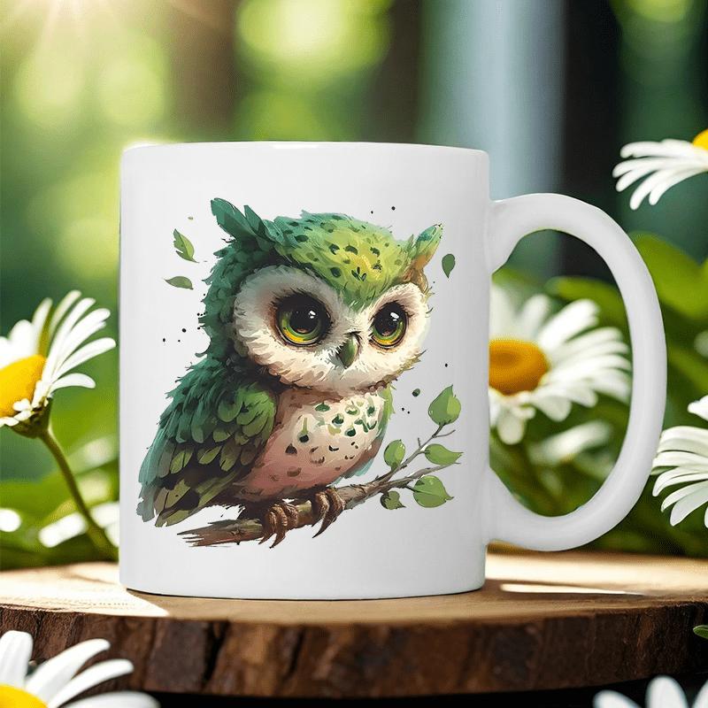 Tailorly White Ceramic 11 oz Mug - Adorable Forest Creature Perched On Delicate Tree Branch With Tiny Leaves Owl