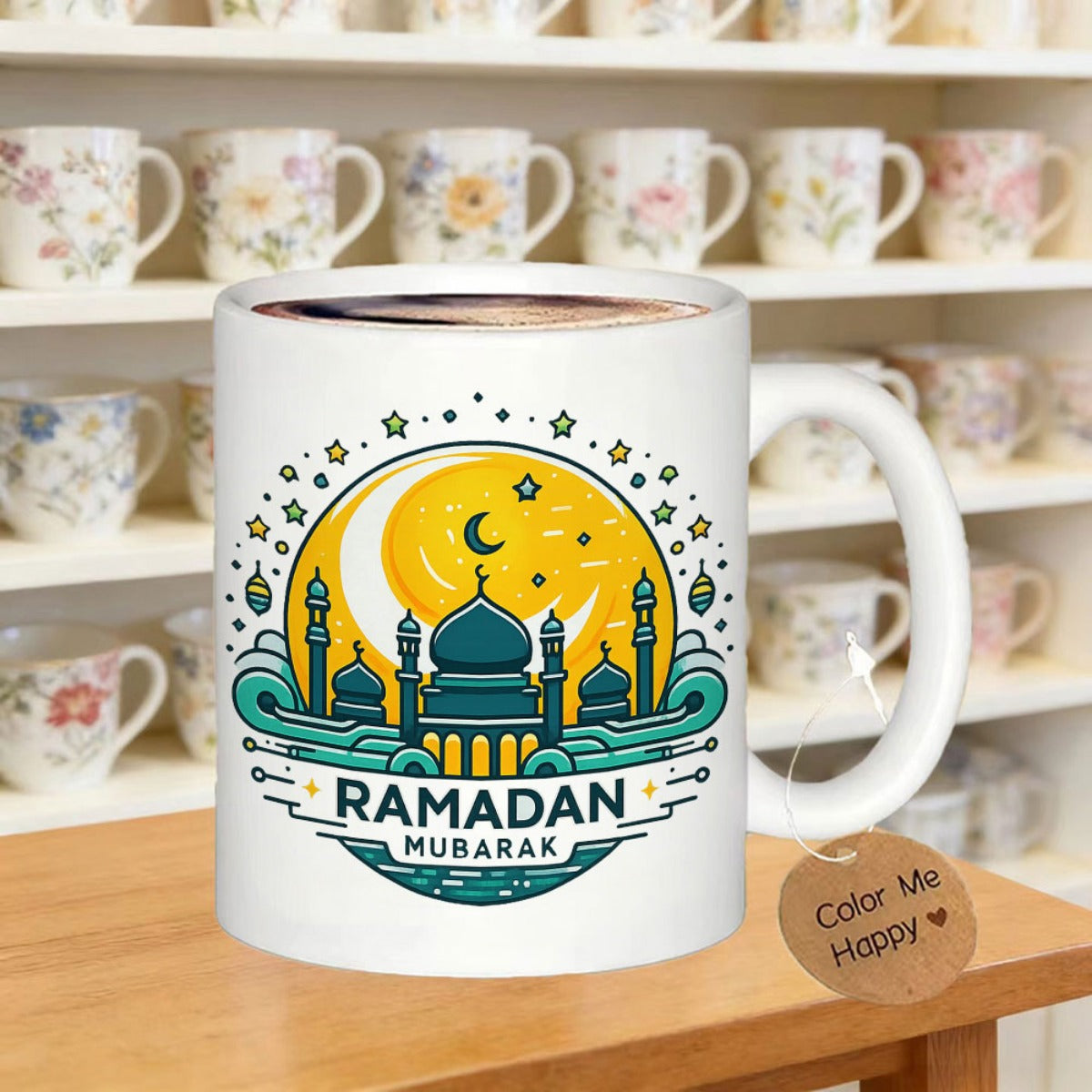 Tailorly White Ceramic 11 oz Mug - Ramadan Mubarak Teal Mosque Silhouette With A Golden Crescent Moon Mug