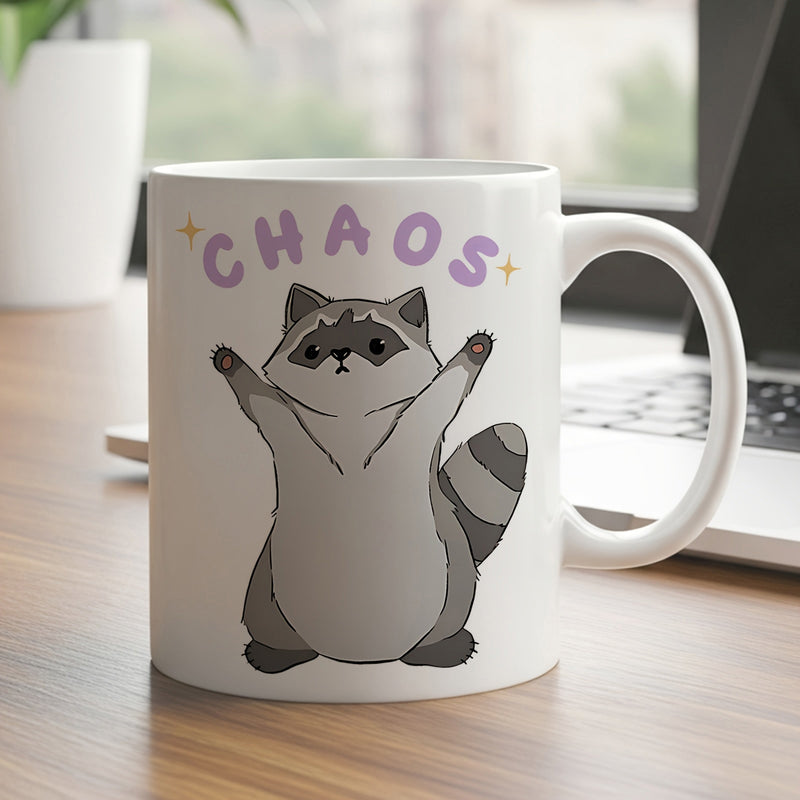 Tailorly White Ceramic 11 oz Mug - Chaos Adorable Chubby Gray Raccoon Standing With Little Paws Reaching Upwards Raccoon
